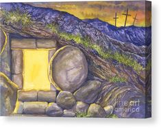 a painting of a stone wall with three crosses in the background and a yellow door leading to it