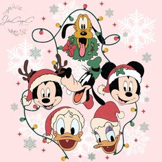 mickey and minnie mouse christmas wallpaper with snowflakes in the background, surrounded by other disney characters