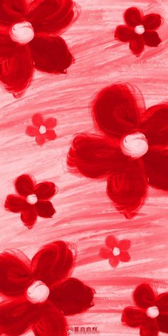 a painting of red flowers on a pink background