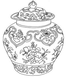 an ornate vase with flowers and leaves on the lid is shown in black and white