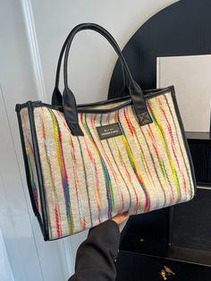 BirdinBag - Stylish Multicolor Oversized Tote Bag with Ample Space Oversized Tote Bag, Oversized Tote, Word Wrap, Shoulder Tote Bag, Rainbow Stripes, Womens Tote, Shoulder Tote, Black Pattern, Womens Tote Bags