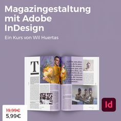 an open magazine with photos and text on the front cover, in purple hues