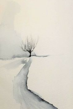 a watercolor painting of a lone tree in the middle of a snow covered field