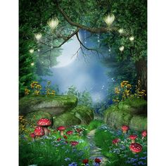 an image of a forest scene with mushrooms and flowers in the foreground, under a full moonlit sky