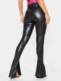 Unleash your inner rockstar with our Faux Leather Flare Pants! Elevate your style game with the perfect blend of edgy and chic. Crafted from high-quality materials, these pants give you the luxurious feel of leather without compromising comfort. The flared silhouette adds a touch of retro glamour, making these pants a versatile statement piece for day or night. Embrace the allure of leather without sacrificing style – redefine your wardrobe with our Faux Leather Flare Pants! High waist Side ankl Stretch Faux Leather Pants For Club, Black Faux Leather Club Bottoms, Black Leather Pants For Club, Edgy High Waist Faux Leather Leggings, High Waist Leather Bottoms For Club, Sleek Leather Bottoms With Zipper Closure, Black Faux Leather Pants For Club, Punk Style Bottoms With Zipper Closure For Night Out, Chic Club Bottoms Full Length