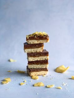 three pieces of cake stacked on top of each other