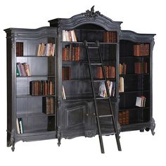 an antique bookcase with ladder leaning against it's doors and bookshelves