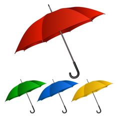 four different colored umbrellas with one open and the other closed, on white background