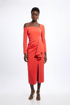 Feel Formal In Our Midi Dress, Which Boasts A Figure Hugging Fit, A Unique, Asymmetric Neckline Which Exposes A Shoulder, And A Draped Accent At The Hip. Style It With Court Heels Or Ankle Boots For A Look That Will Take You From Date Nights To Dressy Evenings. Stretch Crepe Asymmetric Neckline Draped Maxi Dress High Quality Stretch Fabric Figure Hugging Bodice Straight Fit Skirt Statement Draped Hip Accent Unique Asymmetric Neckline Thigh High Leg Split One Shoulder Design Zip Fastening In Back Elegant Red Midi Dress With Asymmetrical Neckline, Red Asymmetrical Dress For Formal Occasions, Red Asymmetrical Formal Dress, Red Asymmetrical Dress For Cocktail With Asymmetrical Neckline, Red Asymmetrical Neckline Cocktail Dress, Red Asymmetrical Cocktail Midi Dress, Red Asymmetrical Dress For Cocktail, Red Fitted Asymmetrical Dress For Formal Occasions, Red Draped Midi Dress For Formal Occasions