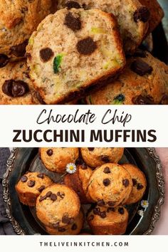 chocolate chip zucchini muffins are stacked on top of each other in a bowl