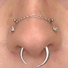 a close up of a person's nose with silver jewelry on it