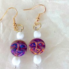 Really Cute Moon Face Earrings Like A Wine Purposely Glittered Face White Beads And Gold Post Brand New Made By Me Moon Face Earrings, Moon Face, Face Earrings, Hand Crafted Jewelry, Crafted Jewelry, White Beads, Made By Me, Blue Gold, Handcrafted Jewelry