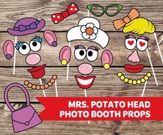 some paper masks are on top of wooden planks with the words mrs potato head photo booth props