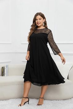 Women's Plus Size 3/4 Sleeve Sequin Chiffon Cocktail Semi Formal Midi Dress.(paid link) Semi Formal Midi Dresses, Old Money Cocktail, Formal Midi Dresses, Gold Evening Dresses, Beautiful Black Dresses, Midi Dress Formal, Semi Formal Dress, Plus Size Formal Dresses, Black Dress Formal