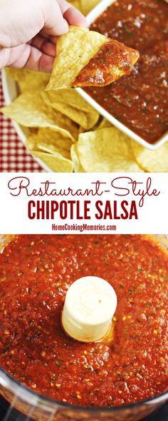 homemade chipotle salsa in a food processor with tortilla chips