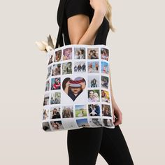 a woman carrying a bag with photos on it