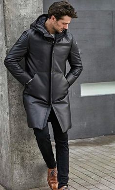 Express yourself in this fine soft lambskin leather puffer coat. Featuring front side pockets for your essentials and finished with a hood. Hooded Leather Jacket With Pockets For Cold Weather, Leather Outerwear With Double-lined Hood, Winter Hooded Leather Jacket, Winter Faux Leather Jacket With Pockets, Winter Faux Leather Long Coat, Leather Jacket With Detachable Hood For Winter, Winter Leather Outerwear With Padded Collar, Hooded Leather Outerwear With Double-lined Hood, Hooded Leather Outerwear For Winter