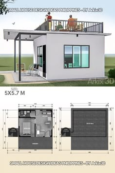 the floor plan for a small house with two levels and an attached balcony on top