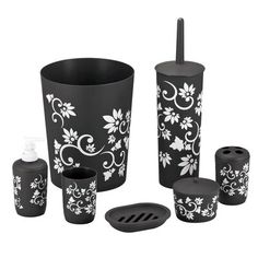 black and white bathroom accessories set with soap dispenser