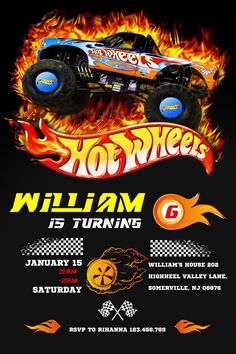 a monster truck with flames on it is in the middle of a poster for an upcoming event