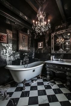 a bathroom with black and white checkered flooring, chandelier and bathtub