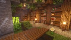 the interior of a minecraft house with lots of wood and plants on the walls