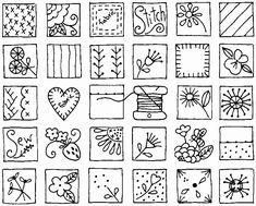 a black and white drawing of many different designs on squares with flowers, leaves, hearts, and other things