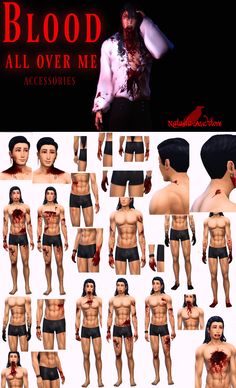 multiple images of the same man in different underwears, with blood all over his body