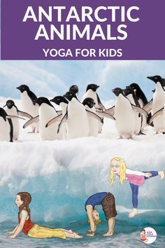 an image of children doing yoga in front of penguins and penguins on icebergs