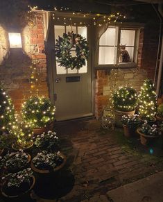 the front door is decorated with christmas lights and potted plants