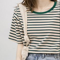 Loose Cotton Green Striped T-shirt  Material:Cotton 91%+Spandex 9%  Style:leisure Size:S,M,L,XL Color :green,yellow,blue,navy blue  Occasion: Outdoor,Daily, Vacation, Legging Cuir, Bright Color Dresses, White Boho Dress, Striped T Shirt, Shop Maxi Dresses, Floral Dress Black, Striped Tee, Green Stripes, Casual Fits