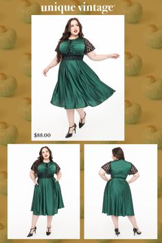 This stunning plus size 1940s swing dress features a rich emerald green fabric that beautifully complements the delicate black lace band and flutter sleeves, creating an enchanting silhouette. The pleated top adds just the right touch of vintage charm, making it perfect for any occasion. Complete with side pockets, matching belt and a back zipper!.Available in sizes XS-5X while supplies last. | Unique Vintage Plus Size 1940S Emerald Green & Black Lace Swing Dress | Size 2X/18 Emerald Green Fabric, Vintage Plus Size, Lace Bands, Pleated Top, Charm Making, Flutter Sleeves, Green Fabric, Swing Dress, Vintage Charms