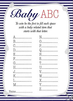 the baby abc game is shown in blue and white stripes with red letters on it