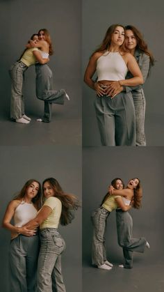 two women are hugging each other while posing for the same photo in different poses,