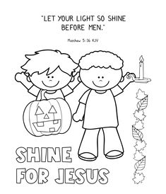 a coloring page for children with the words shine for jesus and two kids holding hands