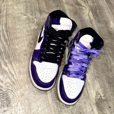 This Jordan 1 Consists Of A White Leather Upper With Court Purple Overlays And Black Detailing. A Black Swoosh And Wings Logo, White Midsole, And Court Purple Outsole Completes The Design. (No Box Included) Court Purple/White-Black Nike Shoes Jordan, Shoes Jordan 1, Nike Shoes Jordans, High Court, Wings Logo, Jordan 1 Retro High, Jordan 1 Retro, Jordan Shoes, Mens Shoes Sneakers