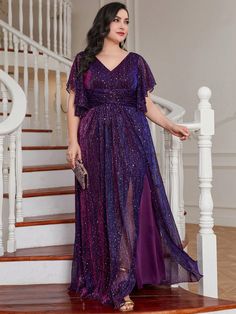 Purple  Collar Short Sleeve Glitter Plain A Line Embellished Non-Stretch  Weddings & Events Purple Dress Formal, Pink Plus Size Dresses, Butterfly Dresses, Plus Prom Dresses, Devils Advocate, Plus Size Sequin Dresses, Glitter Prom Dresses, Birthday Plans, Magenta Dress