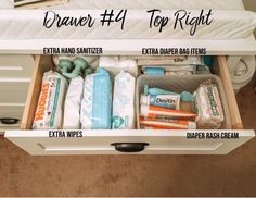 an open drawer containing diapers, wipes and lotions with the words drawer 4 top right above it