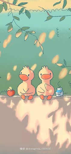 two ducks are sitting on the edge of a pond and one is holding an apple