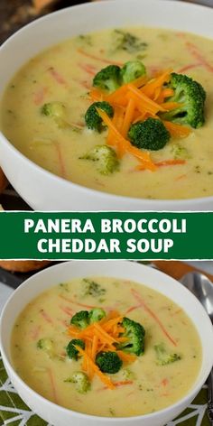 two bowls of broccoli cheddar soup with cheese