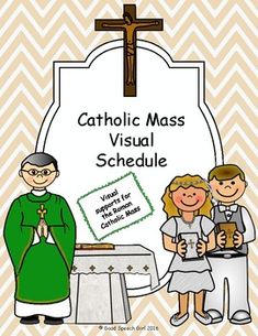 the catholic mass schedule is shown with an image of two people standing in front of a table