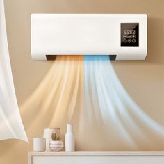 a wall mounted air conditioner sitting on top of a white shelf next to a window