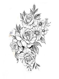 a black and white drawing of flowers with leaves on the bottom half of their arm