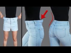 the woman is showing off her jeans and butts with an arrow pointing to it