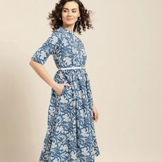 Very Stylish Cotton Dress With Belt Light Blue A-line Midi Dress With Floral Print, Casual Blue A-line Shirt Dress, Elegant Blue Cotton Shirt Dress, Blue Cotton Maxi Dress For Spring, Cotton Floral Print Fit And Flare Dress, Blue A-line Shirt Dress For Daywear, Blue Cotton Maxi Dress With Short Sleeves, Blue Cotton Dresses With Short Sleeves, Blue Cotton Dresses For Garden Party