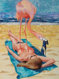 a painting of a woman laying on the beach with a flamingo standing next to her