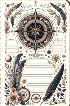 a paper with an image of a compass, feathers and flowers on it's side