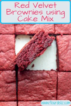 red velvet brownies using cake mix on top of each other with text overlay that reads, red velvet brownies using cake mix