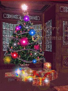 a christmas tree in a living room with presents