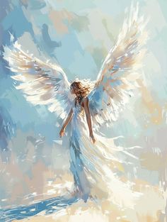 a painting of an angel with white wings